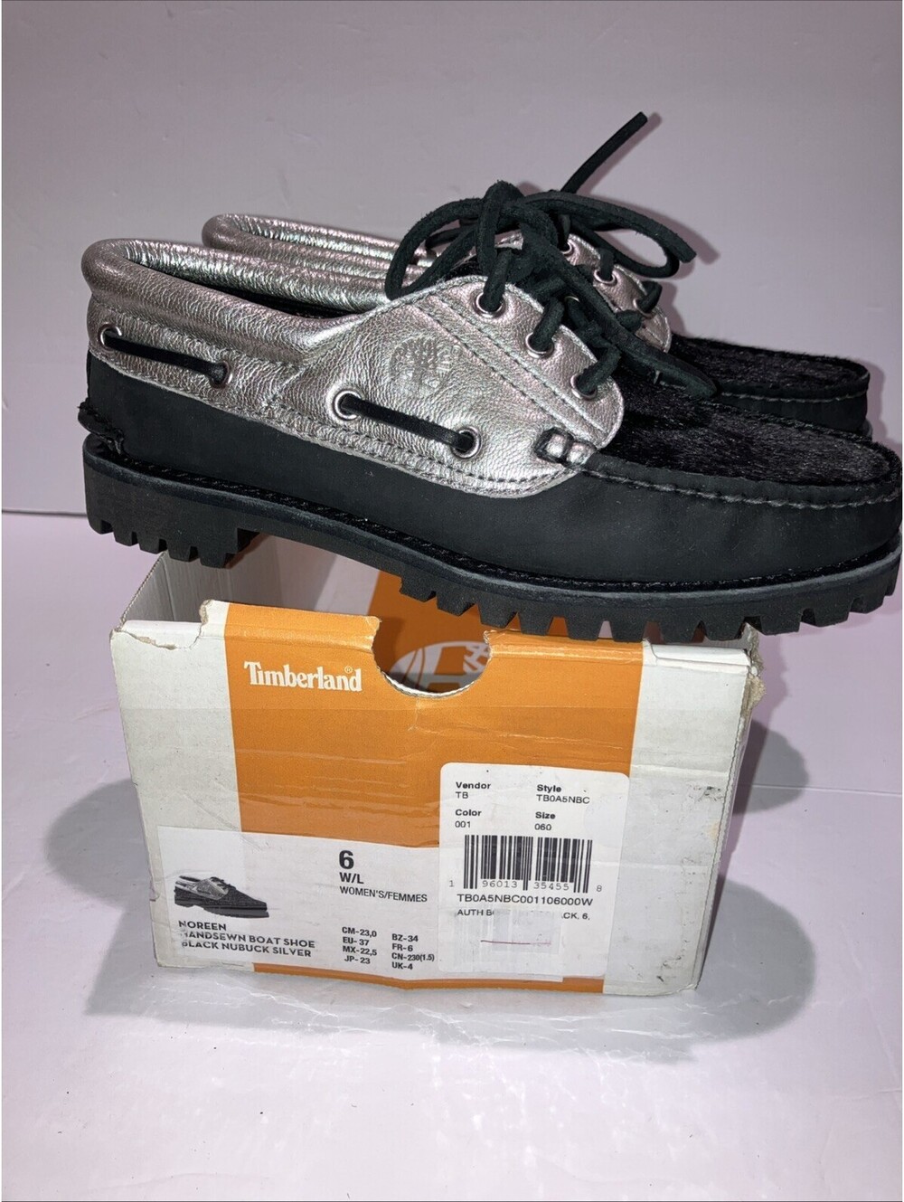 Timberland Womens Size 6 Heritage Noreen Black Silver Nubuck Boat Shoes NEW